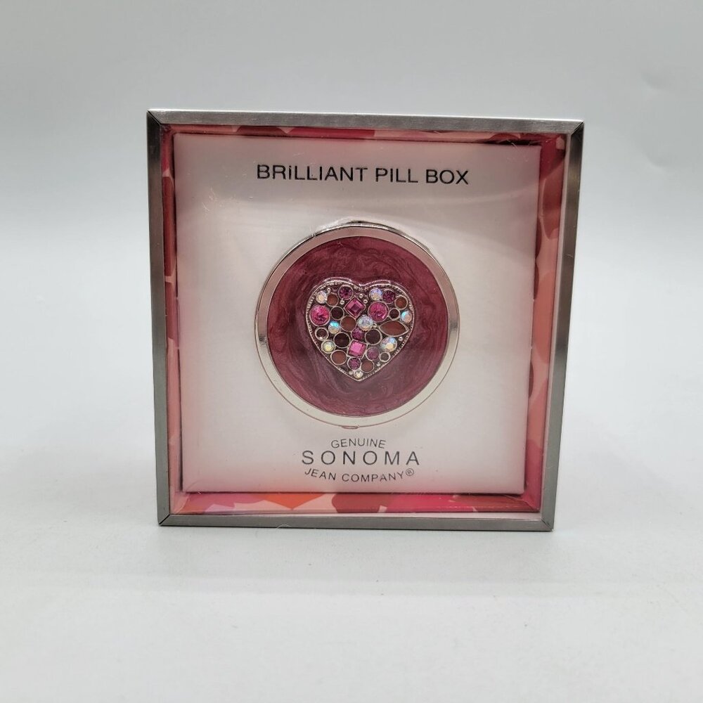 Brilliant Pill Box Sonoma Jean Company Pink Enamel Rhinestone Heart Design